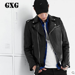 GXG男装 冬季新品 时尚黑色机车皮夹克真皮皮衣外套男